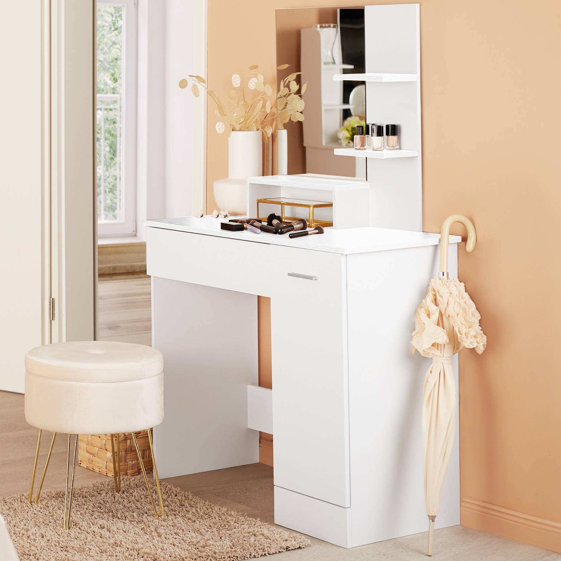 Coiffeuse Vicco Zoey – Blanc Et Rose – Miroir LED Et Tabouret – 2 Tiroirs