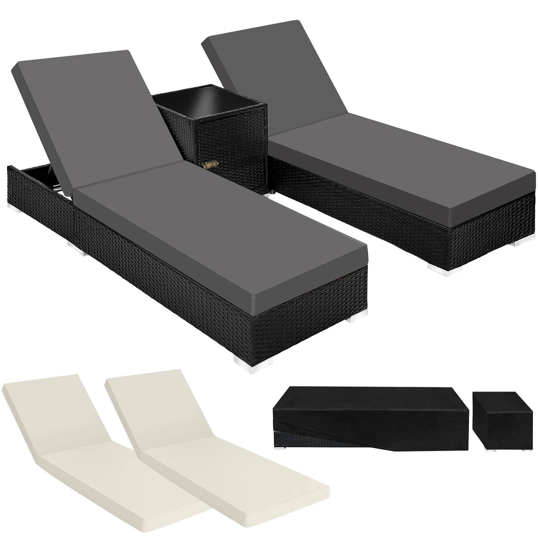 Lot de 2 bains de soleil en rotin et aluminium avec table et housse de protection