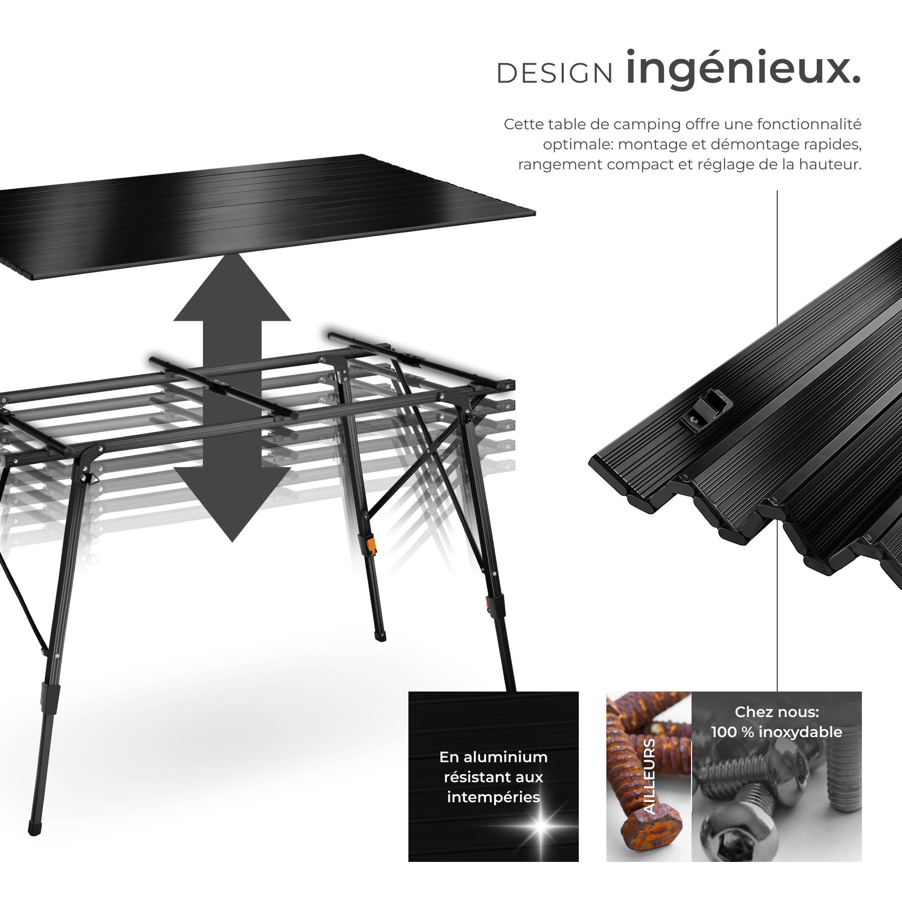 Table De Camping Pliable Aluminium - 75x55 Cm, Hauteur Réglable 33/70 Cm - Portable Et Légère (3 Kg)