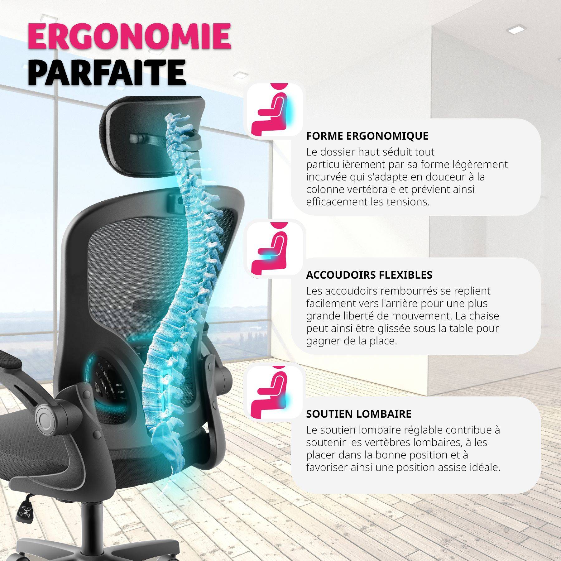 Appuie-Tête Réglable Pour Chaise De Bureau - Confort Cervical, Respirant, Sans Perçage - 6