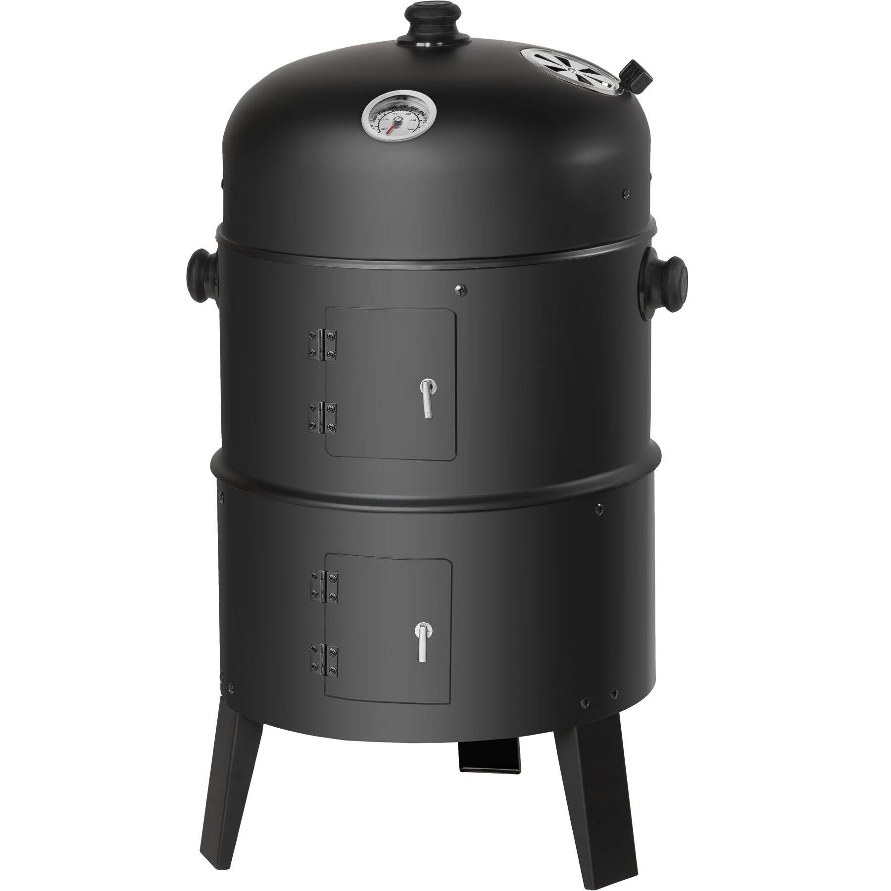 Fumoir 3 En 1 - Diamètre 40 Cm, Hauteur ~84 Cm - Avec Couvercle, Thermomètre, 2 Bacs émail, 2 Grilles - Pour Fumer, Griller Et Braiser