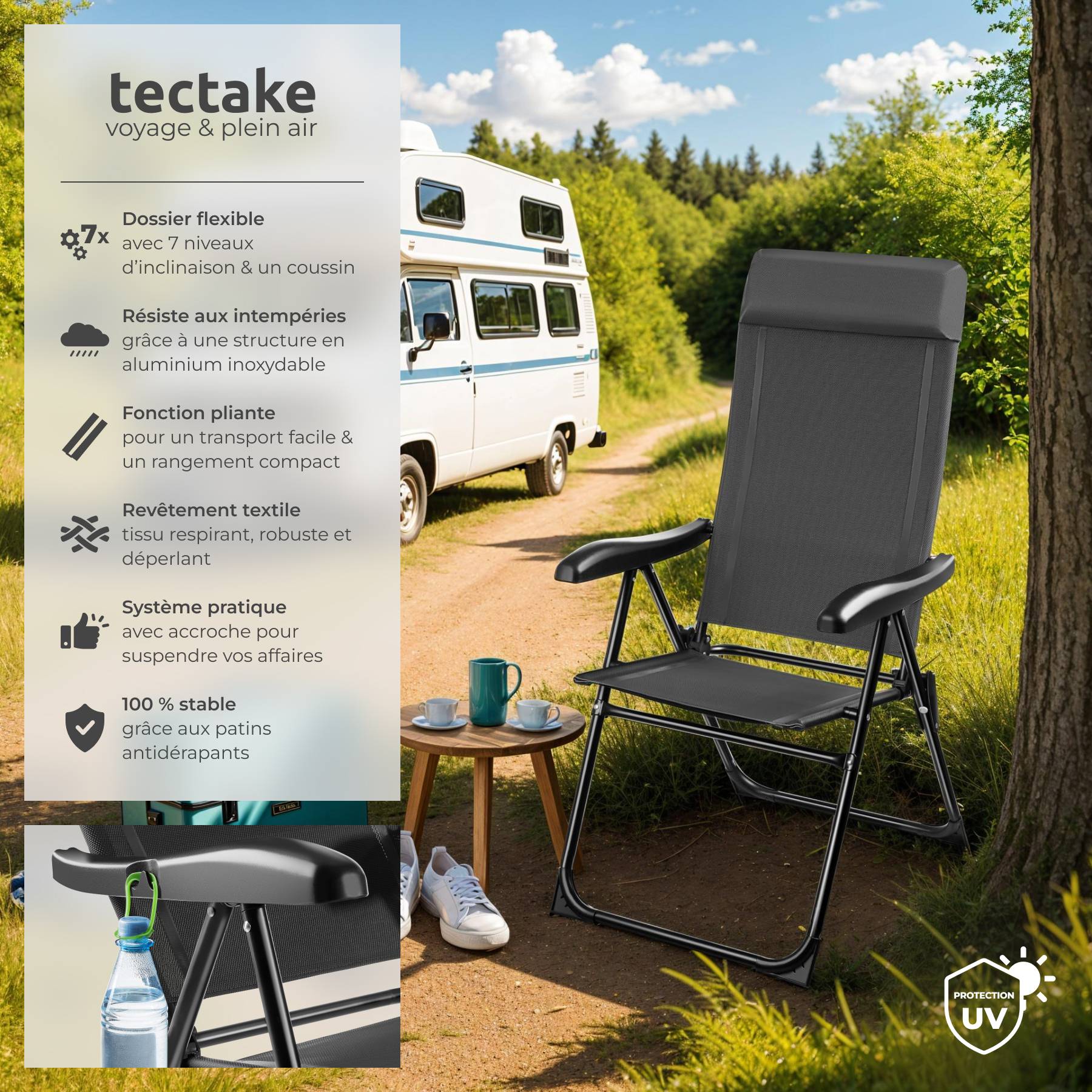 Chaise Pliante Transport Chaise Directeur XL Camping - Support 181 Kg - Table Appoint Pliable - Noir Siège Extérieur Robuste