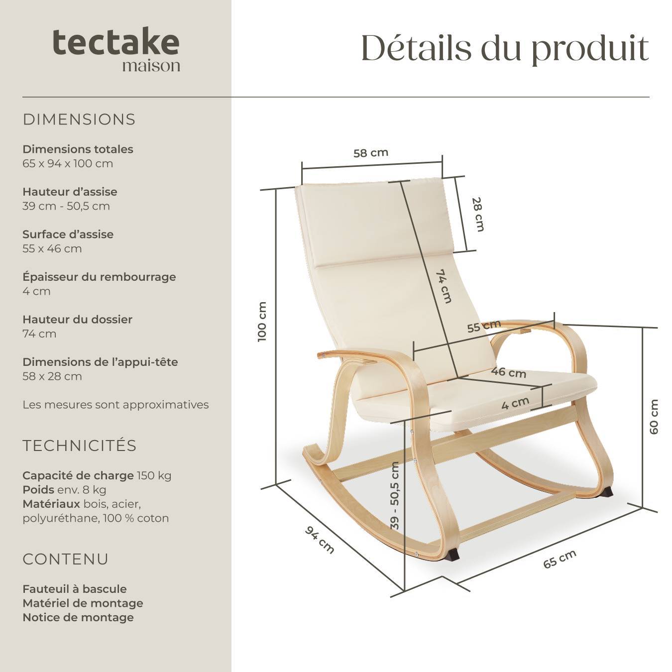 Fauteuil à Bascule Scandinave Tectake - Rembourré, Motif Matelassé, Cadre Acier | Pour Salon, Allaitement, Détente - 12