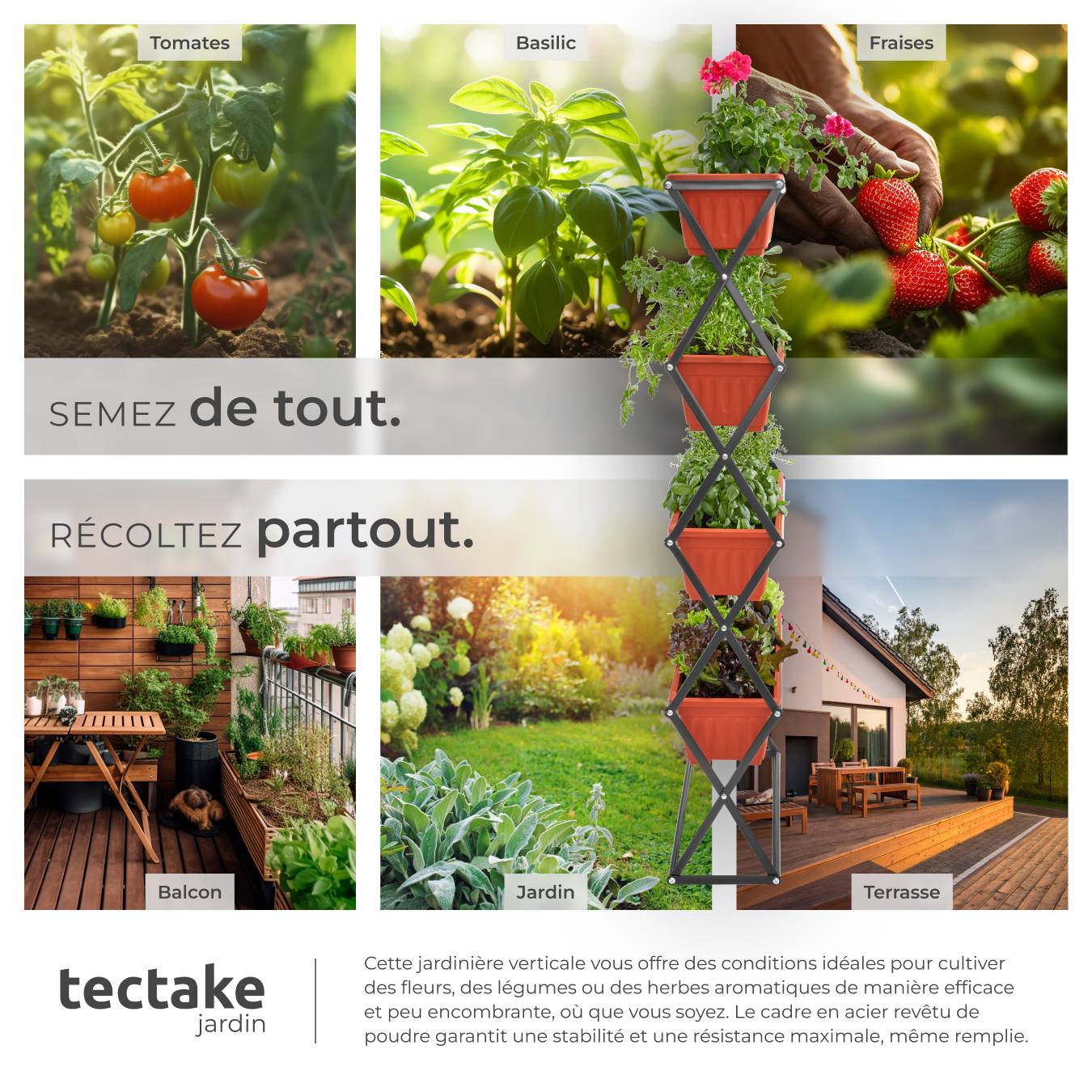 Tour à Fraises Verticale En Céramique - Jardinière 3 étages Avec Bac Récupérateur Pour Balcon Ou Jardin - 4