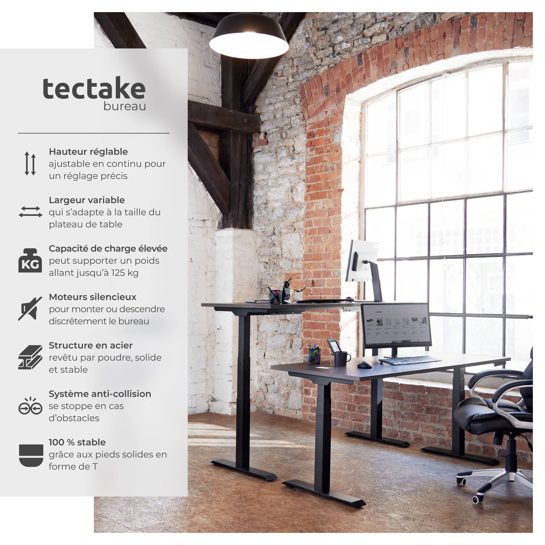 Bureau Assis-debout Réglable BONTEC - Plateau 91,5x52,2 Cm Pour Double écran, Mécanisme à Ressort à Gaz, Charge 15 Kg, Idéal Petits Espaces