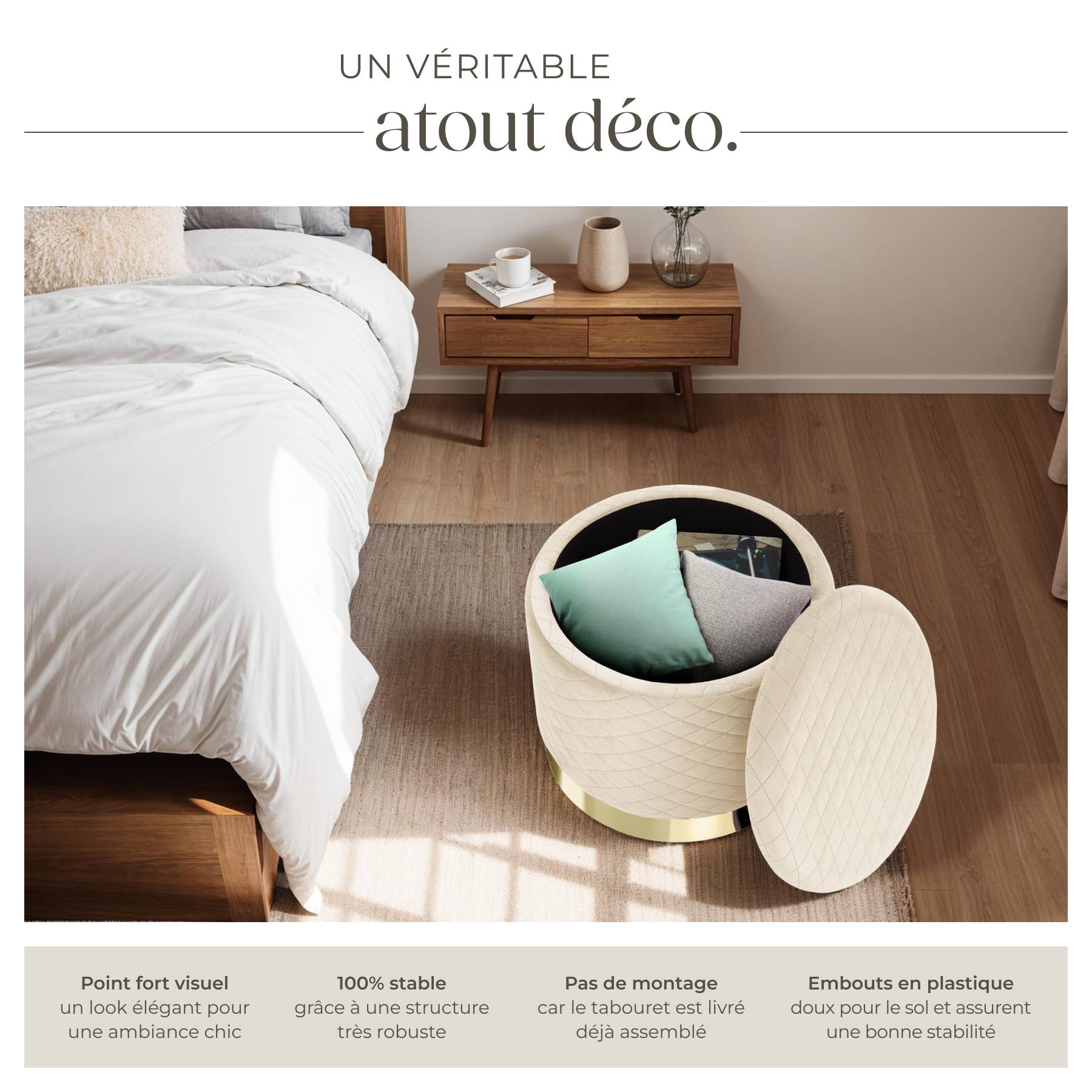 Pouf Rangement ALIA En Velours - Tabouret Déco Avec Storage - Noir