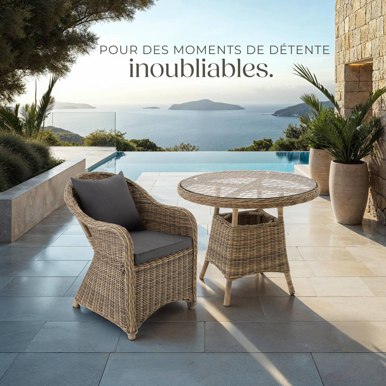 Table Ronde Jardin Rotin PE Avec Plateau Verre - 64x71 Cm - Étagère Rangement - Charge 30+5 Kg