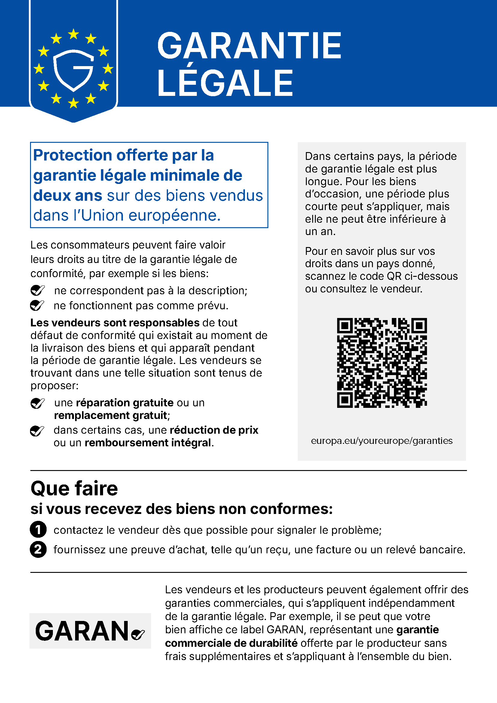 Garantie légale – Droits des consommateurs dans l'UE Note de l'UE sur la garantie légale, les droits des consommateurs et le code QR