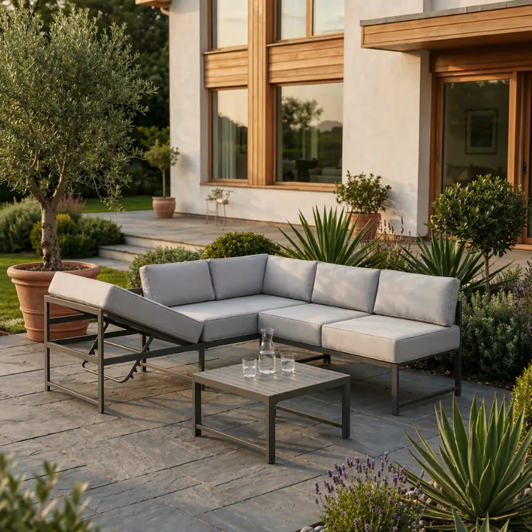 Coin salon moderne gris avec table basse, installé sur une terrasse en pierre devant une maison.