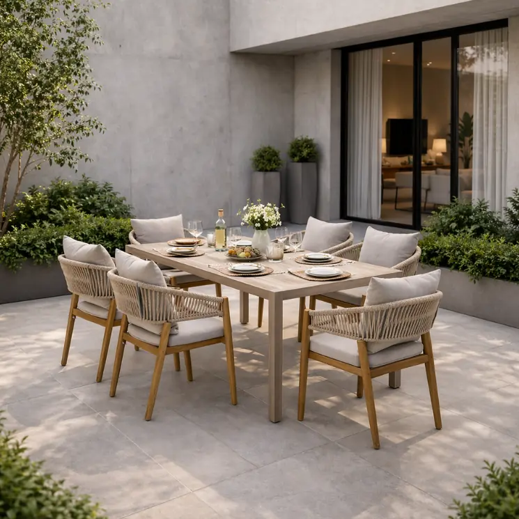Une table en bois accompagnée de six chaises en osier tressé, sur une terrasse lumineuse et moderne.