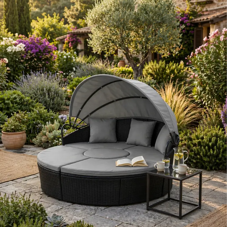 Une chaise longue ronde et sombre, dotée d'un auvent gris, dans un jardin fleuri.