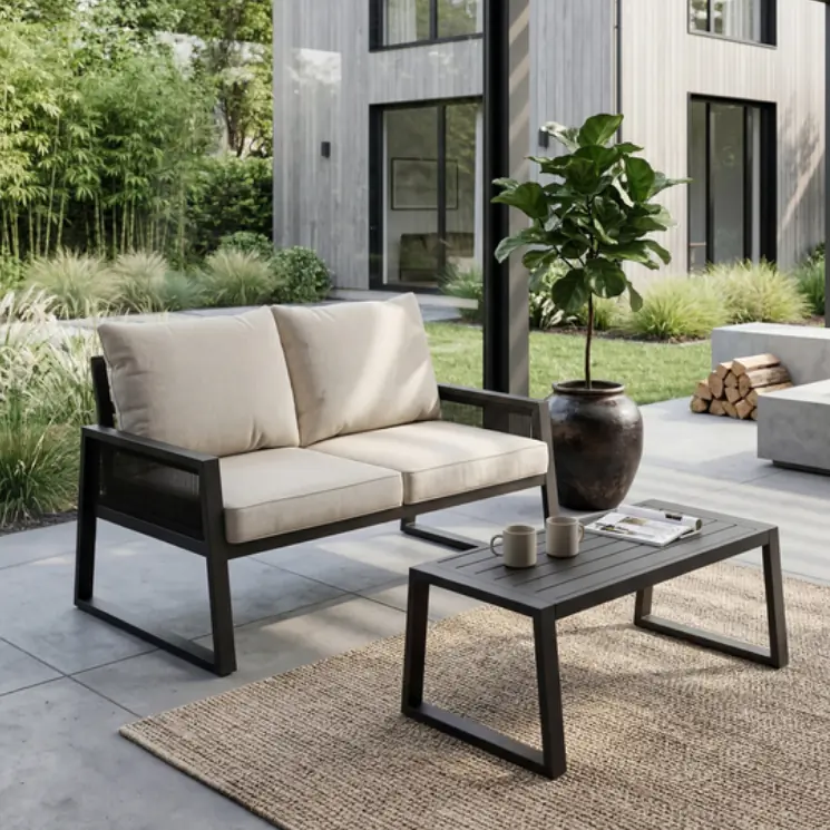 Canapé d'extérieur noir au style minimaliste et table d'appoint posés sur un tapis naturel.