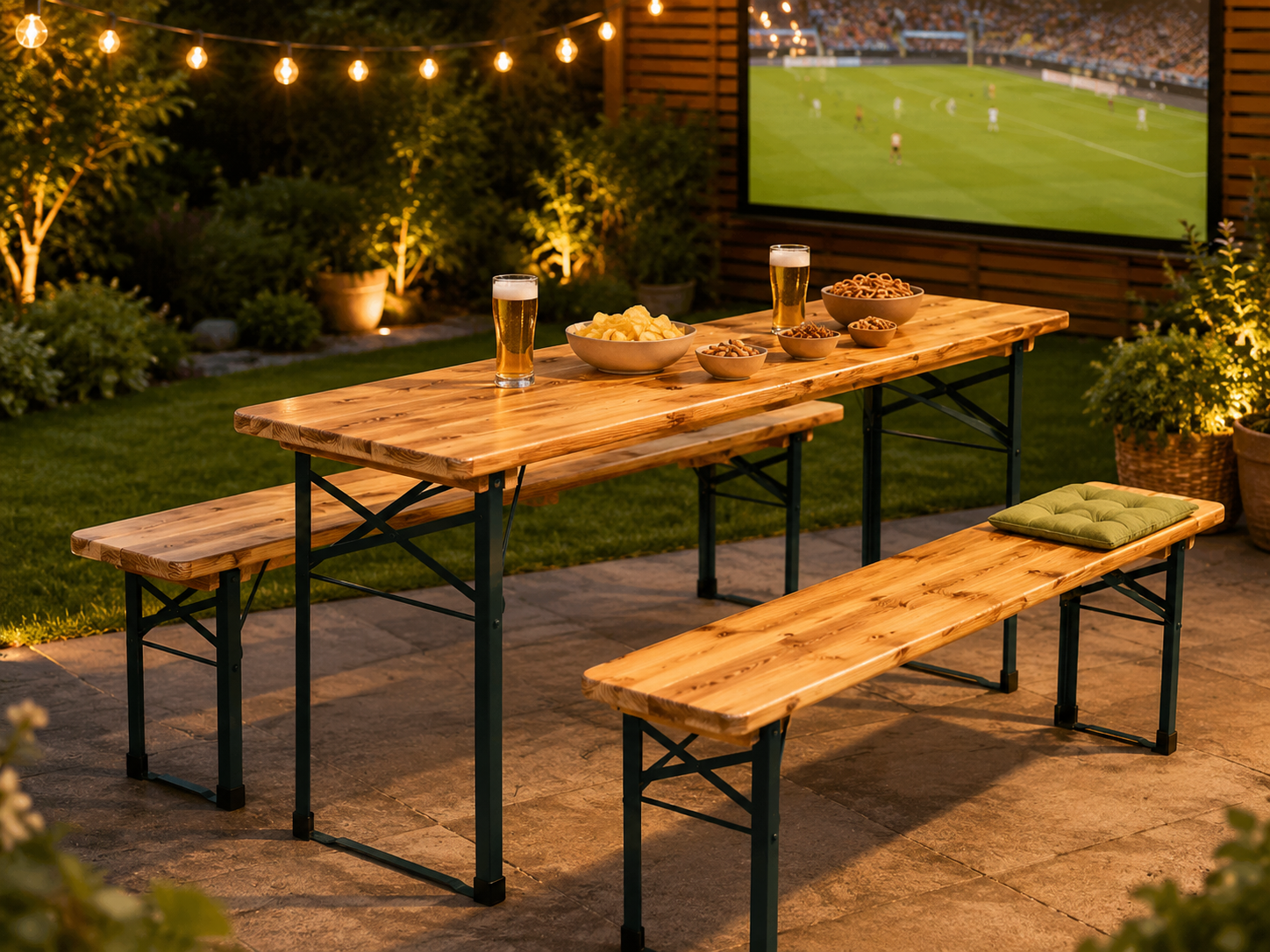 Ensemble de table et bancs de brasserie dans un espace extérieur estival