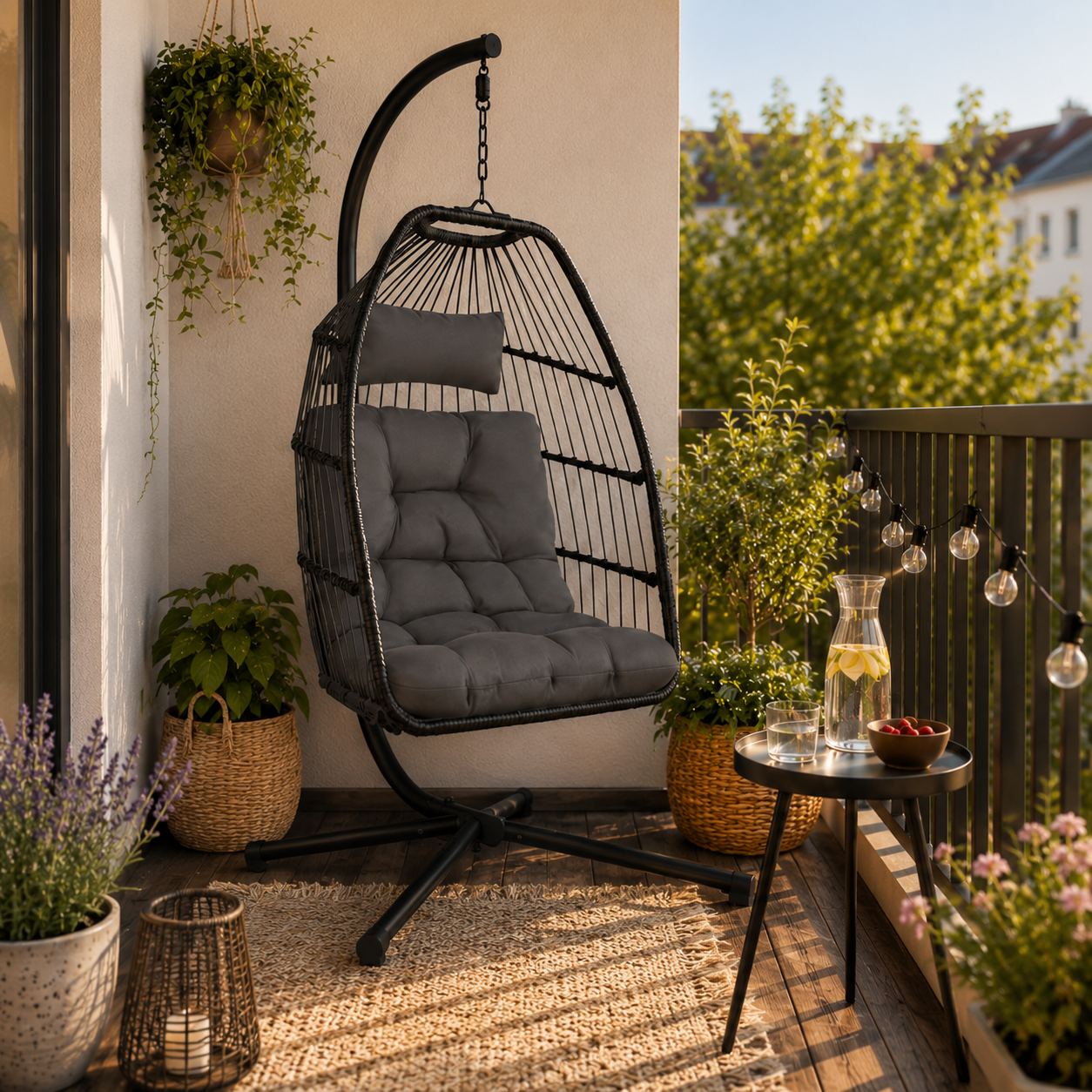 Fauteuil suspendu noir avec coussin sur un balcon cosy