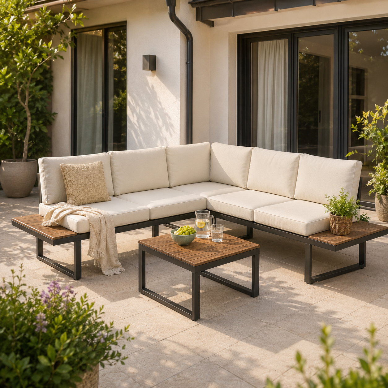 Salon de jardin clair avec table basse sur une terrasse ensoleillée