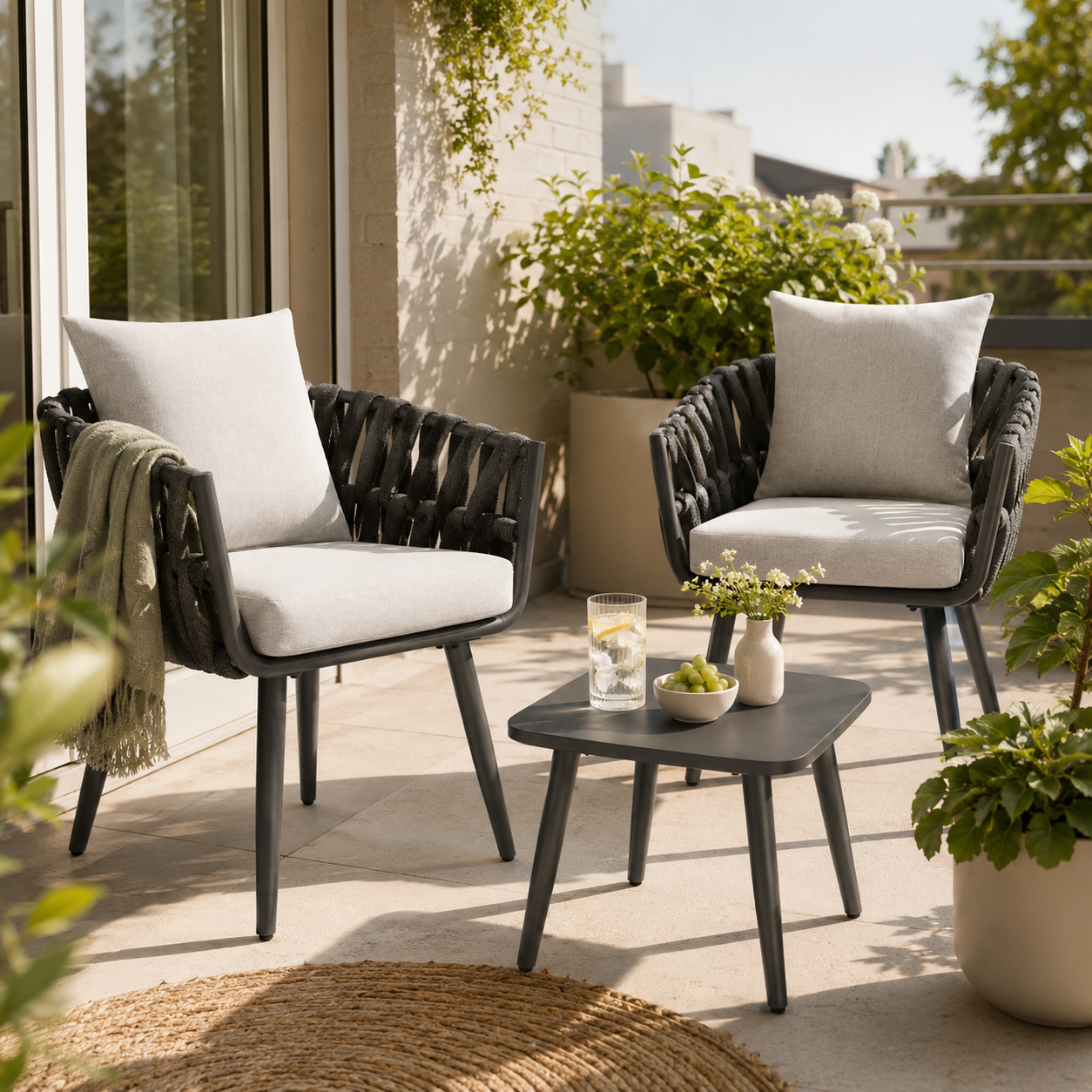 Deux chaises de jardin noires avec coussins clairs et table d’appoint