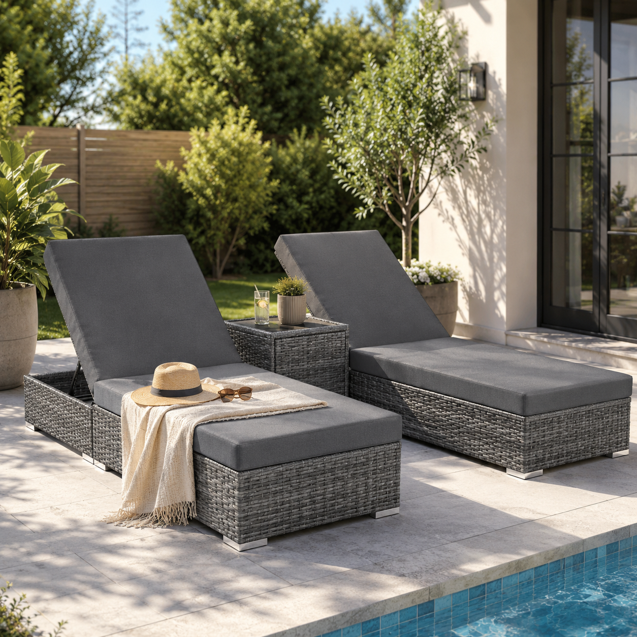 Deux bains de soleil gris avec table au bord d’une piscine sur une terrasse moderne