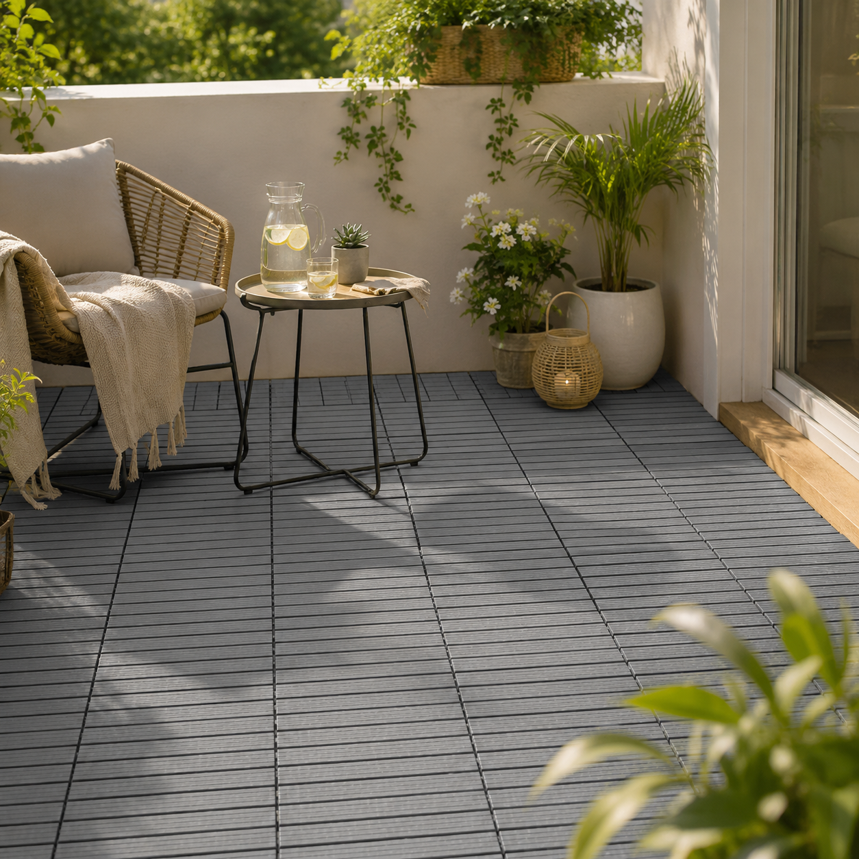 Balcon avec dalles de sol grises, plantes et petite table de jardin
