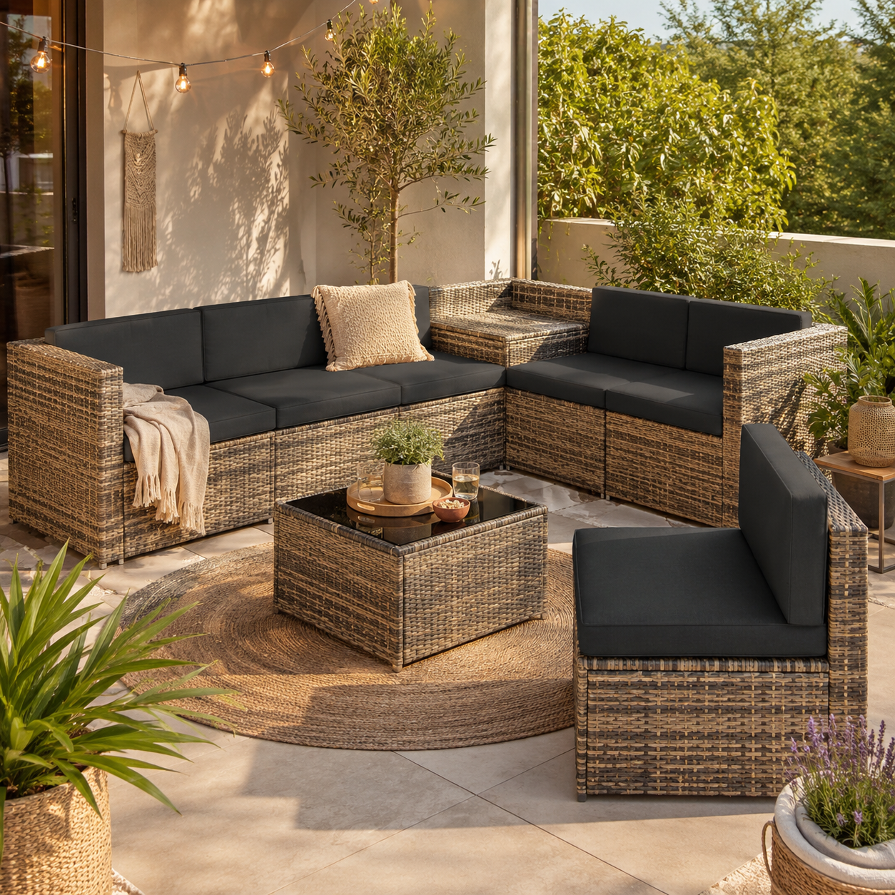 Salon lounge en résine tressée avec table et coussins gris sur une terrasse