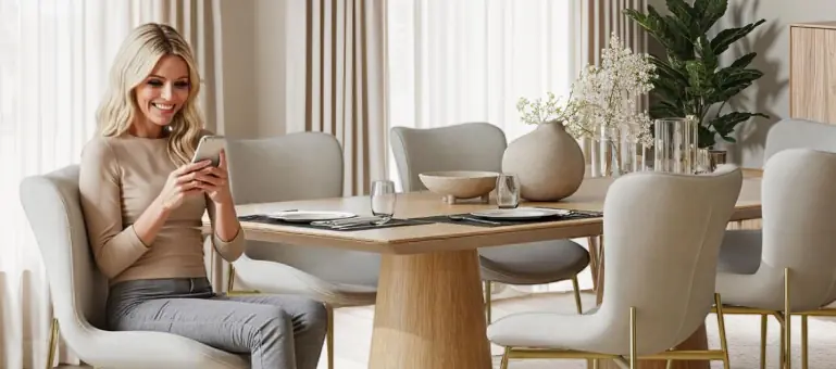 Femme assise &agrave; une table &agrave; manger moderne en bois clair &ndash; ambiance conviviale avec chaises design et buffet assorti de tectake