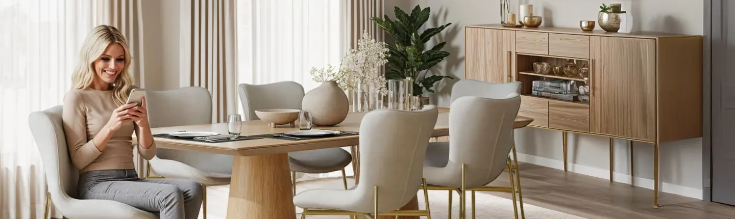 Femme assise &agrave; une table &agrave; manger moderne en bois clair &ndash; ambiance conviviale avec chaises design et buffet assorti de tectake