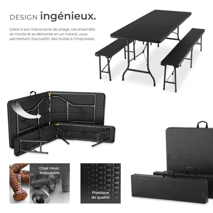 Ensemble Table + 2 Bancs Pliants Tectake – Aspect Rotin Acier – Pliable, Poignée De Transport – Pour Jardin, Camping, Brocante