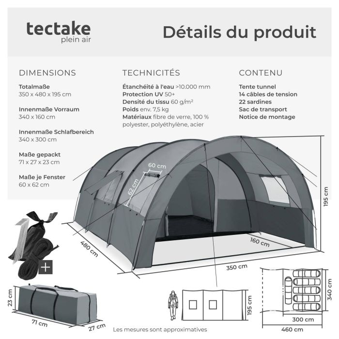 TecTake Tente Familiale Roskilde – 6 Personnes – XXL – Avec Moustiquaire – Pour Camping, Randonnée, Festival