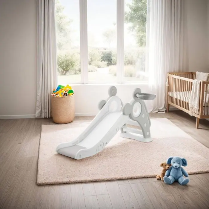 Toboggan 6-en-1 pour enfants avec toboggan, panier de basket et escaliers, gris et blanc