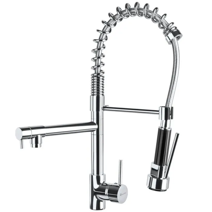 Robinet de cuisine avec douchette intégrée et bec déporté