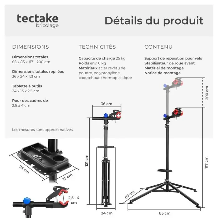 WilTec Pied d'Atelier pour vélos et VAE – 900 x 900 x 1080 mm – Hauteur réglable 108-187 cm – capacité Max. 30 kg – pivotant 360° – Support de Montage réparation Bicyclette WilTec Pied d'Atelier pour vélos et VAE – 900 x 900 x 1080 mm – Hauteur réglable 108-187 cm – capacité Max. 30 kg – pivotant 360° – Support de Montage réparation Bicyclette