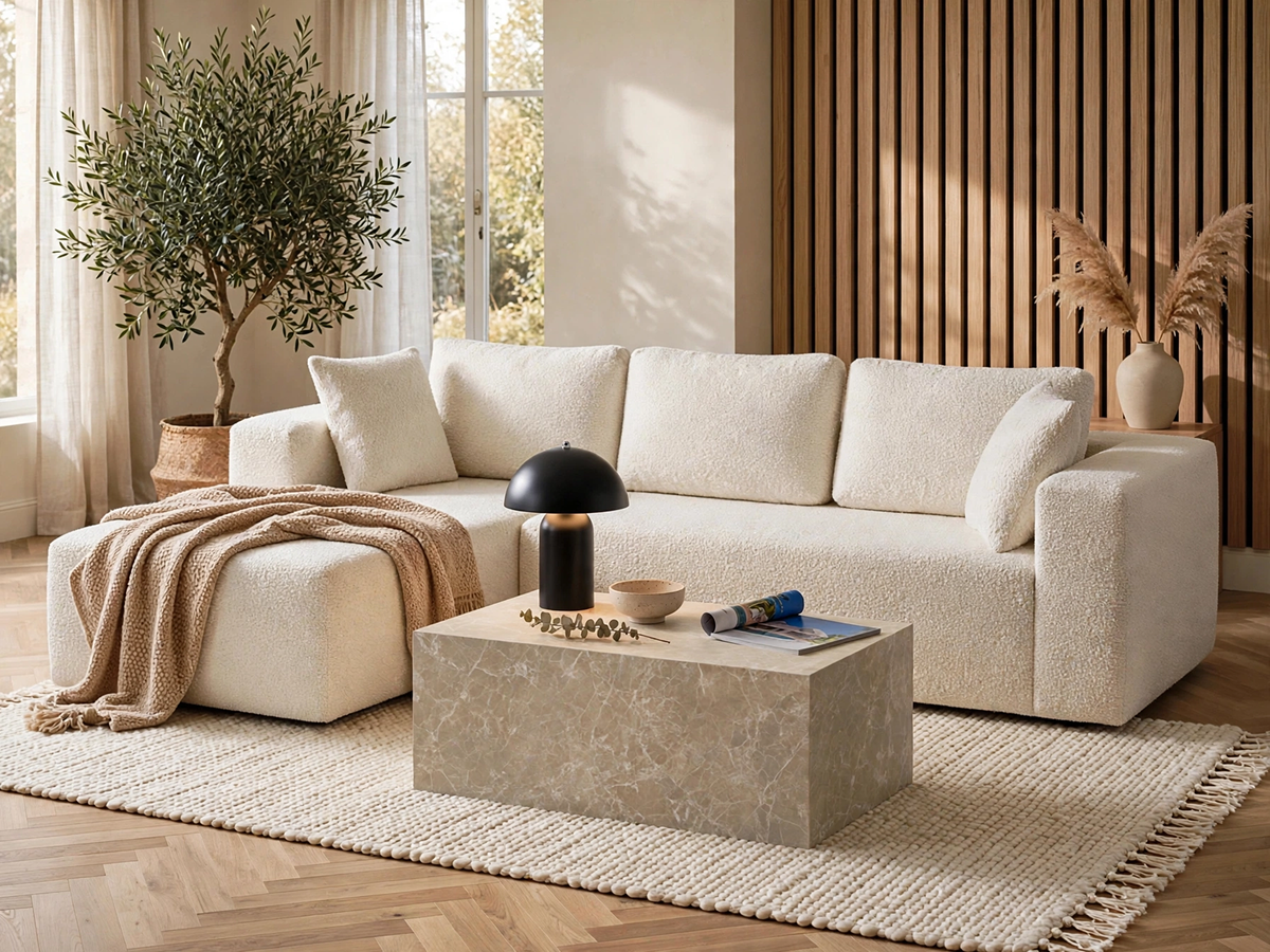 Salon moderne avec un canapé clair, une table basse et un aménagement élégant