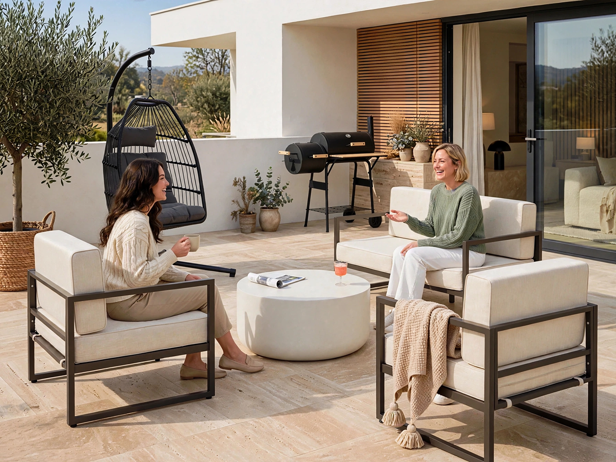 Terrasse moderne avec mobilier de jardin, fauteuil suspendu et barbecue