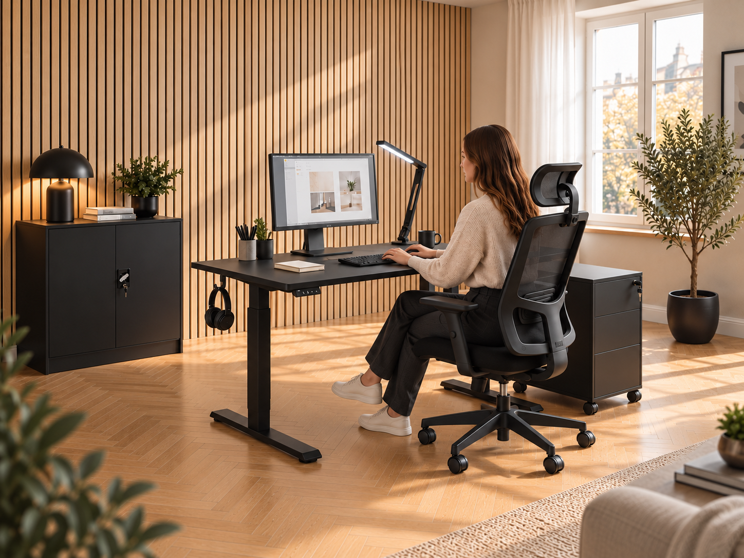 Espace de télétravail moderne avec bureau, chaise de bureau et rangement noir.